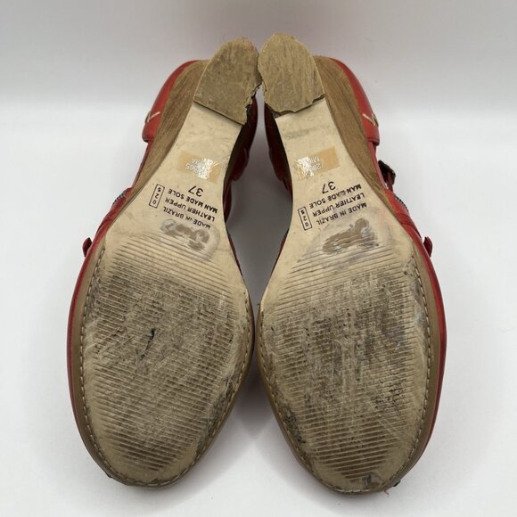 Bronx Women’s Red Leather Wedge Sandals Size 37 EU, US 6.5-7 Embroidered Brazil - Picture 6 of 13